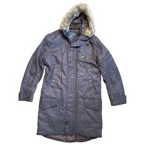 G-Star RAW Grey Distressed Long Hooded Faux Fur Coat Jacket Full Zip Men Size XL